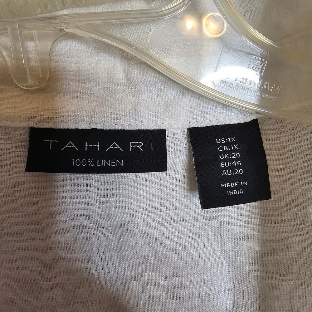 Tahari White 100% Linen Popover V-Neck Tunic Top 3/4 Sleeve Side Button Size 1X - Picture 6 of 8